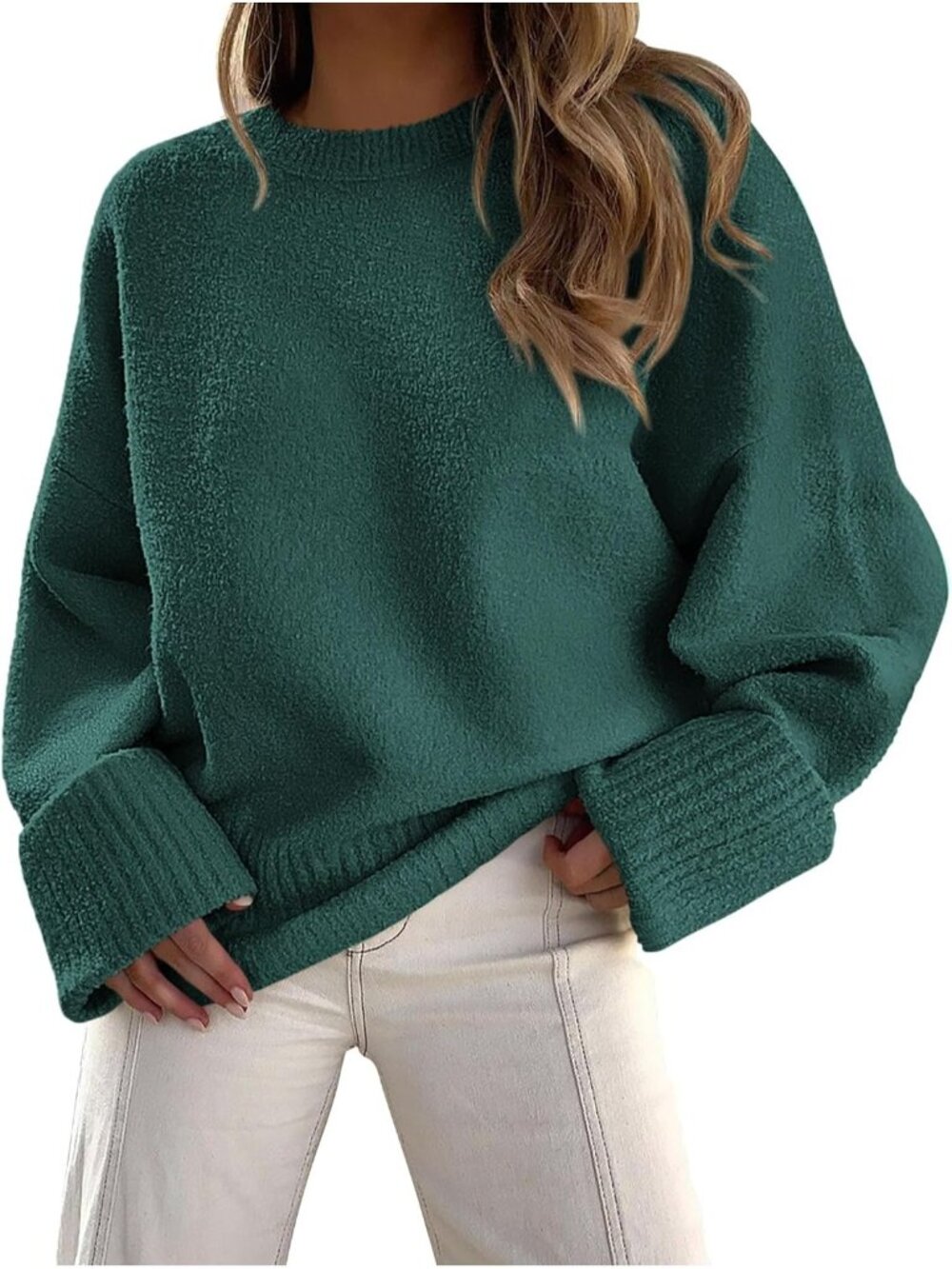 Women's Dark Green Chunky Ribbed Knit Cozy Oversized Fuzzy Crewneck Cuff Sweater